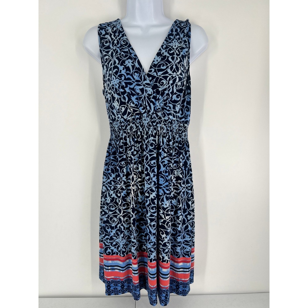 Soma Women Medium Blue Scroll Print Smocked Waist V-Neck Sleeveless Dress